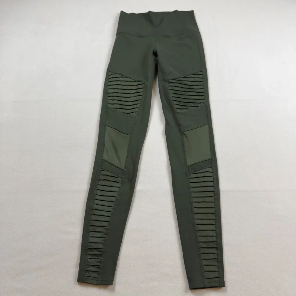 Alo Yoga High-Waist Moto Leggings Forest‎ Green Quilted Panels Womens XXS EUC